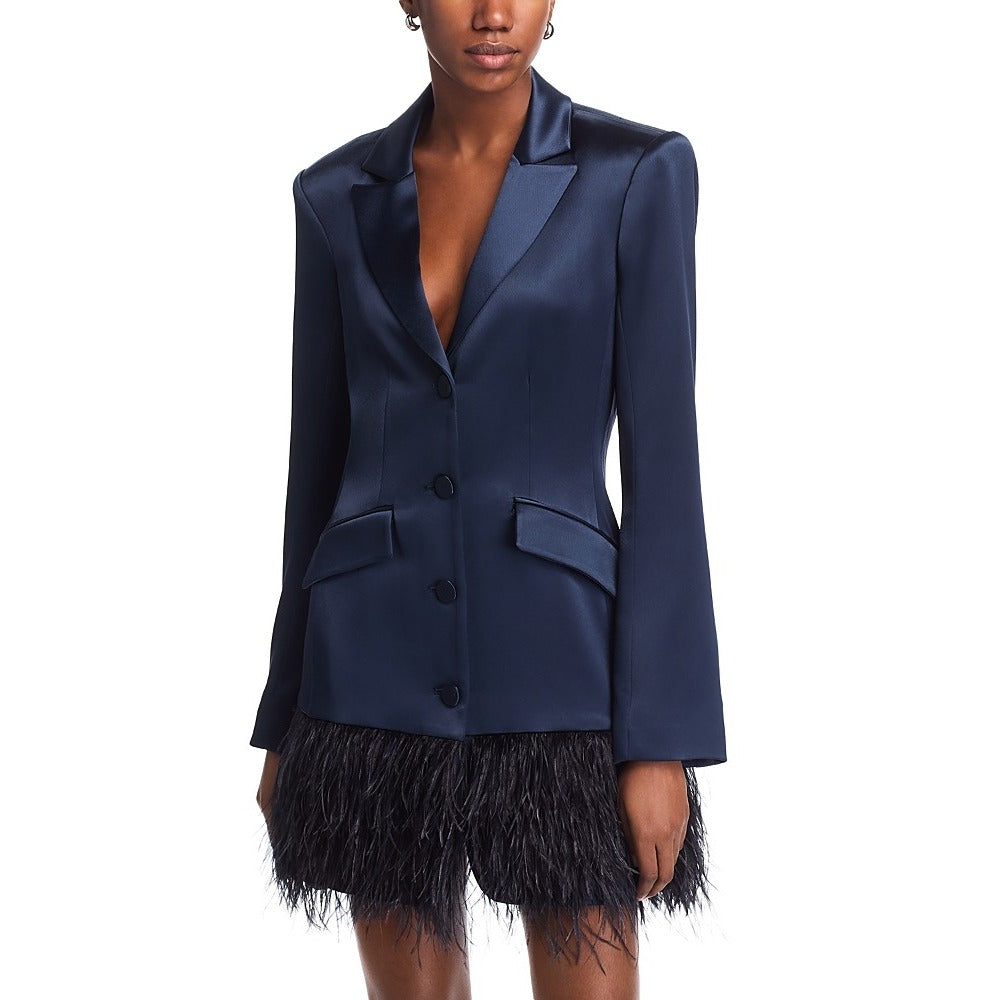 Cinq A Sept  Joel Blazer Dress Navy Long Sleeve Feather Trim, Size 4 NWT