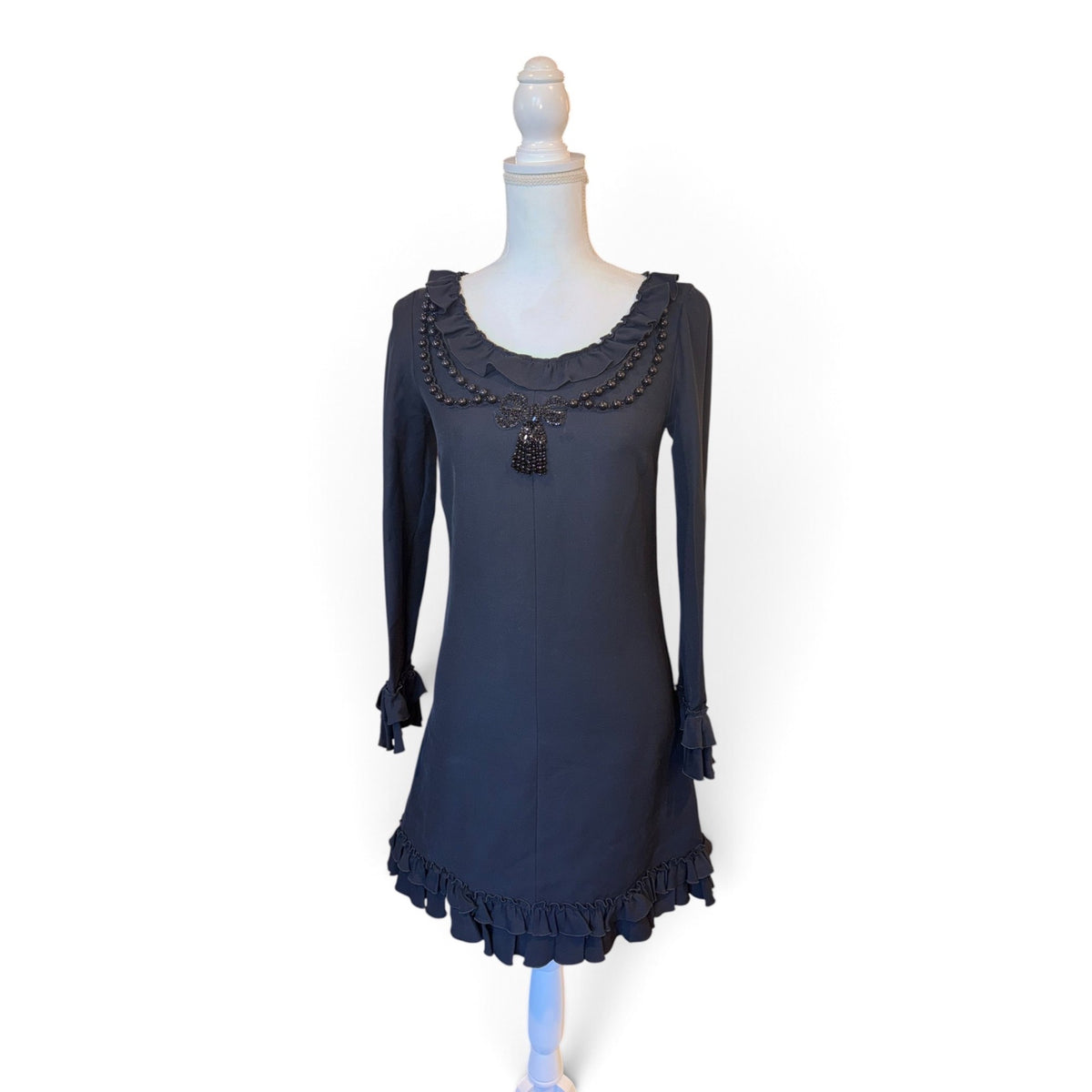 Gucci Black Ruffle Long-Sleeve Dress With Embellished Neckline Size 38 Made In Italy