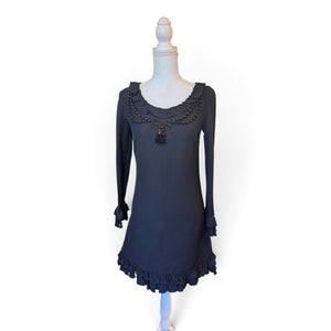 Gucci Black Ruffle Long-Sleeve Dress With Embellished Neckline Size 38 Made In Italy
