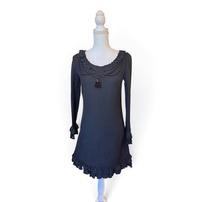 Gucci Black Ruffle Long-Sleeve Dress With Embellished Neckline Size 38 Made In Italy