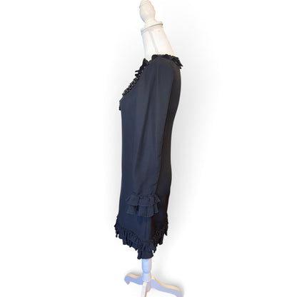 Gucci Black Ruffle Long-Sleeve Dress With Embellished Neckline Size 38 Made In Italy