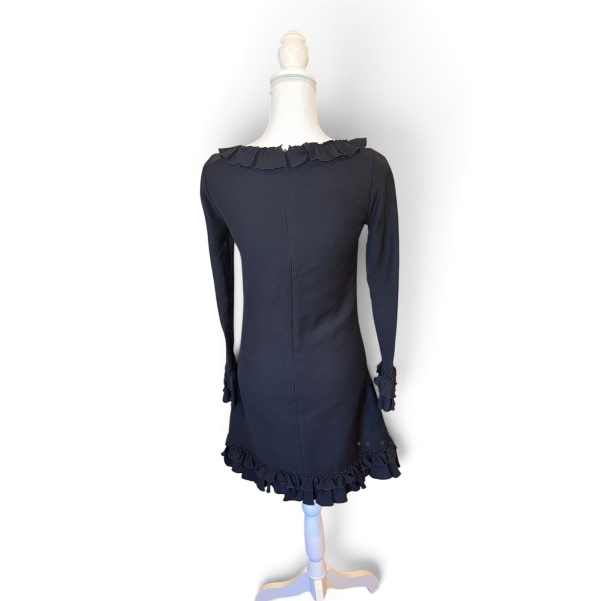 Gucci Black Ruffle Long-Sleeve Dress With Embellished Neckline Size 38 Made In Italy