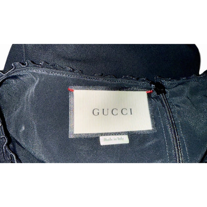 Gucci Black Ruffle Long-Sleeve Dress With Embellished Neckline Size 38 Made In Italy
