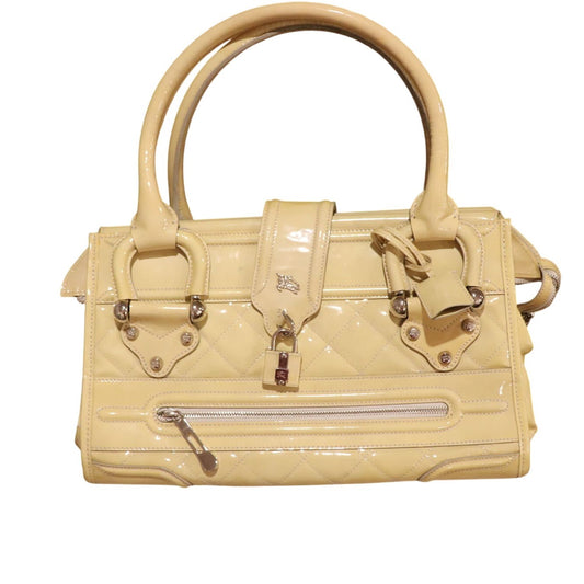 Burberry Manor Quilted Patent Leather Satchel Cream/Light Yellow With Lock & Key