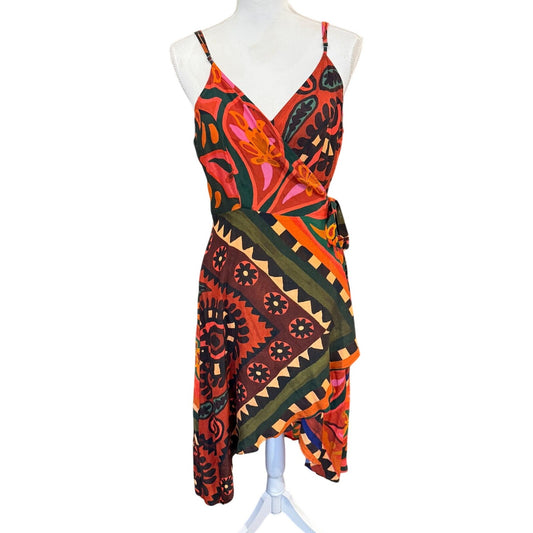 Farm Rio x Anthropologie Hanky Tribal Print Midi Wrap Dress, Large Petite NWT