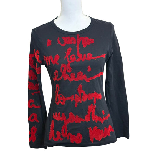 Jean Paul Gaultier Femme Black Long Sleeve Top With Red Fuzzy Script Print Size 40