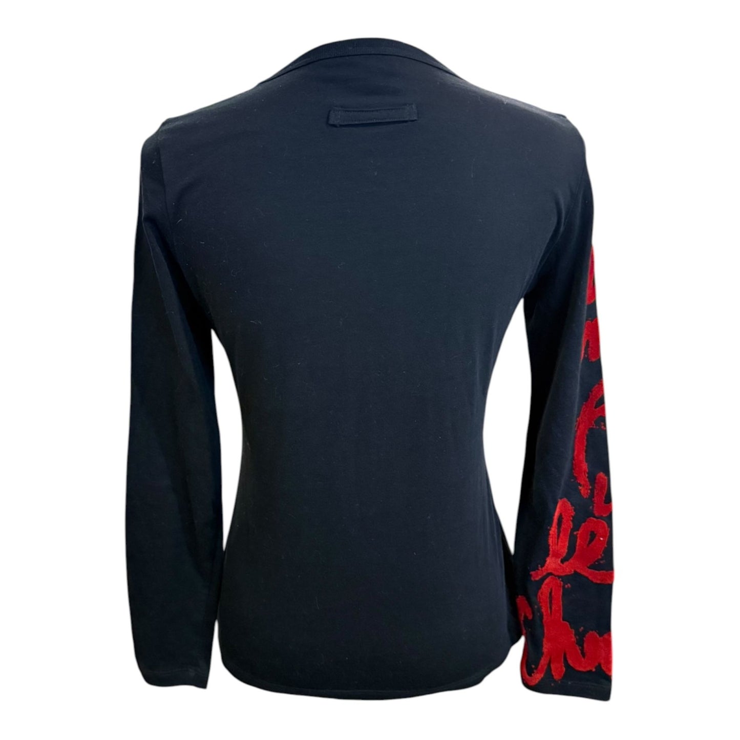 Jean Paul Gaultier Femme Black Long Sleeve Top With Red Fuzzy Script Print Size 40