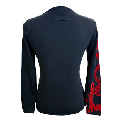 Jean Paul Gaultier Femme Black Long Sleeve Top With Red Fuzzy Script Print Size 40