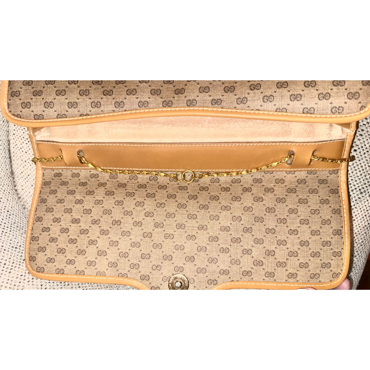 Gucci GG Monogram Canvas Vintage Shoulder Bag With Gold Chain Strap