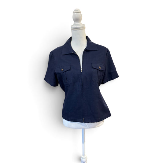 Hunt Club Vintage Navy Blue Short Sleeve Zip-Up Blouse, Size 8