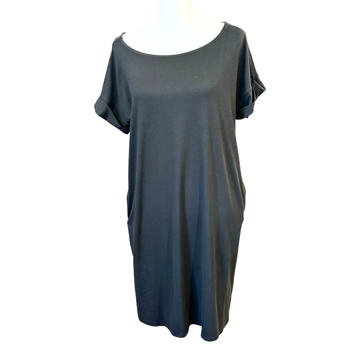 Zenana Rolled Short Sleeve Round Neck Dress Black Medium