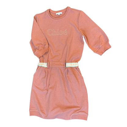 Chloé Kids Coral Pink Logo Dress With Gold Embroidery , Size 14
