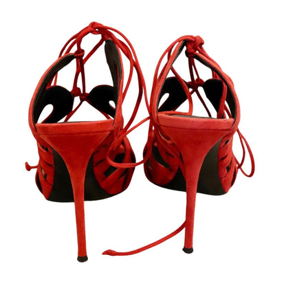 Giuseppe Zanotti Caged Lace Up Red Suede Heels, Size 38.5