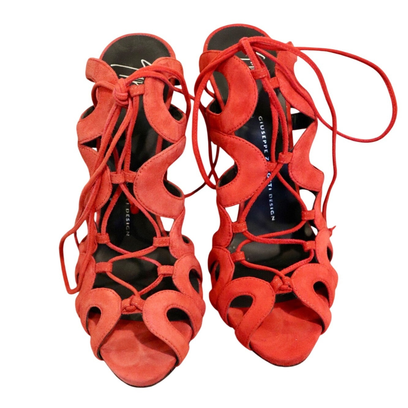 Giuseppe Zanotti Caged Lace Up Red Suede Heels, Size 38.5