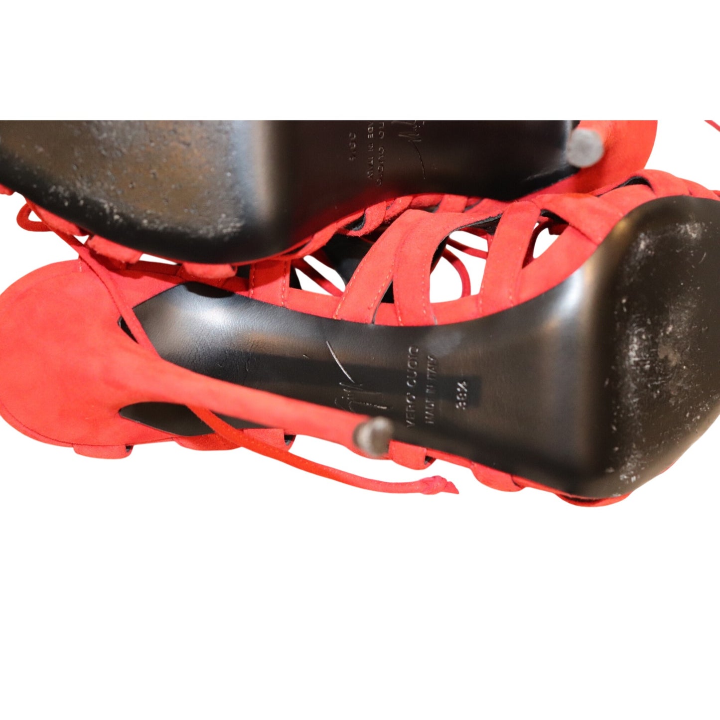 Giuseppe Zanotti Caged Lace Up Red Suede Heels, Size 38.5
