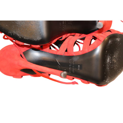 Giuseppe Zanotti Caged Lace Up Red Suede Heels, Size 38.5