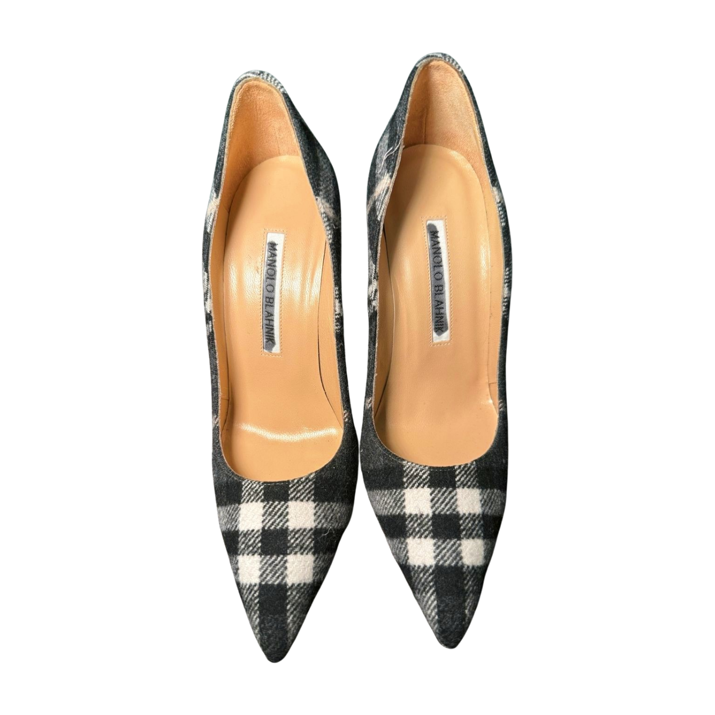 New Manolo Blahnik Womens Pumps Size 5.5 Grey Plaid Pointed Toe Stiletto