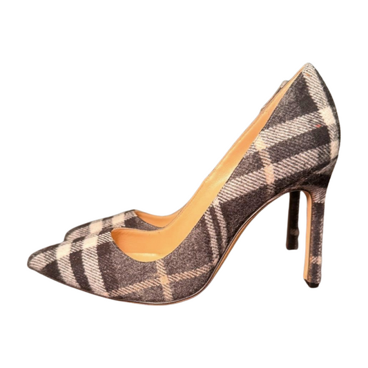 New Manolo Blahnik Womens Pumps Size 5.5 Grey Plaid Pointed Toe Stiletto
