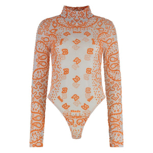 Rhude Orange Bandana Print Long-Sleeve Mesh Bodysuit - Size S