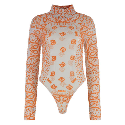 Rhude Orange Bandana Print Long-Sleeve Mesh Bodysuit - Size S