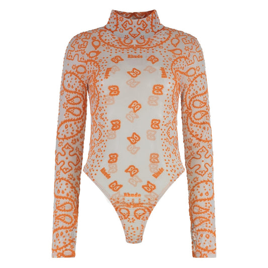 Rhude Orange Bandana Print Long-Sleeve Mesh Bodysuit - Size S