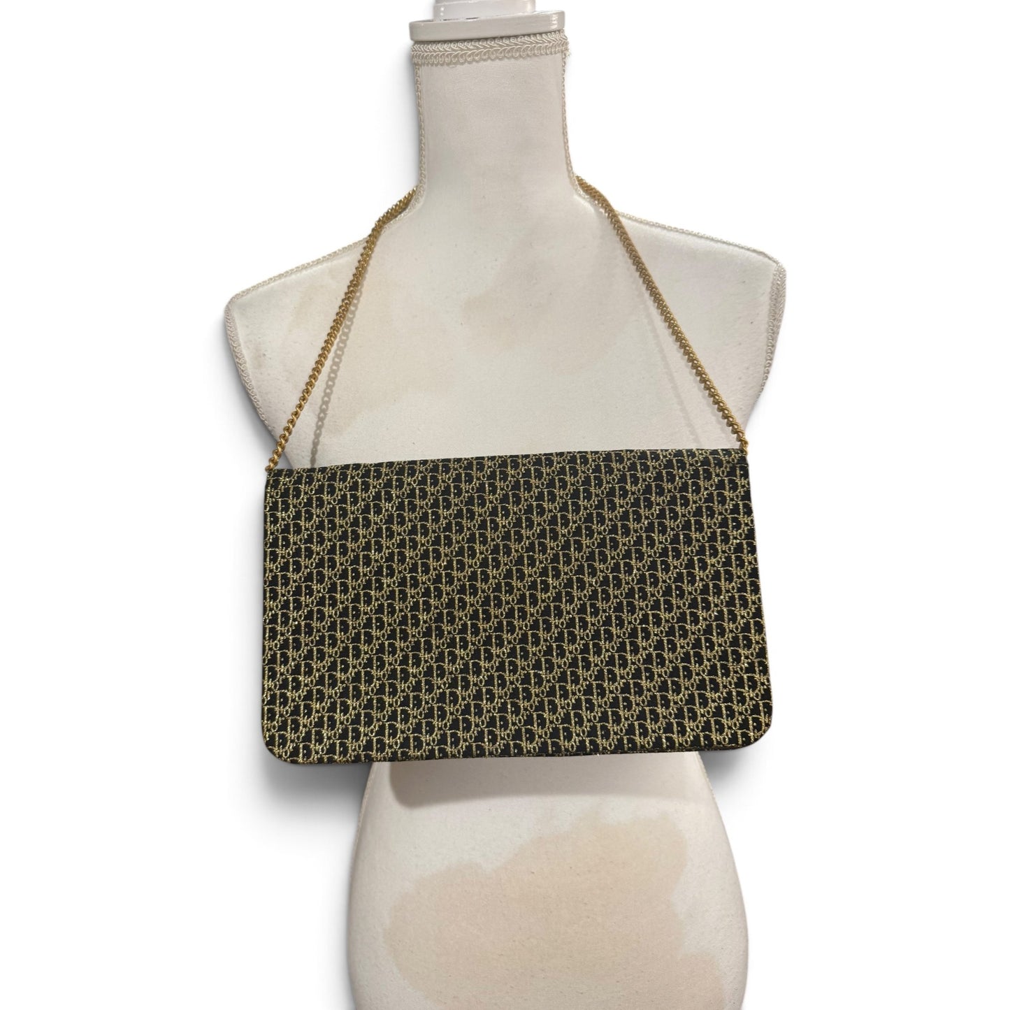 Christian Dior Gold & Black Monogrammed Clutch With Chain Strap