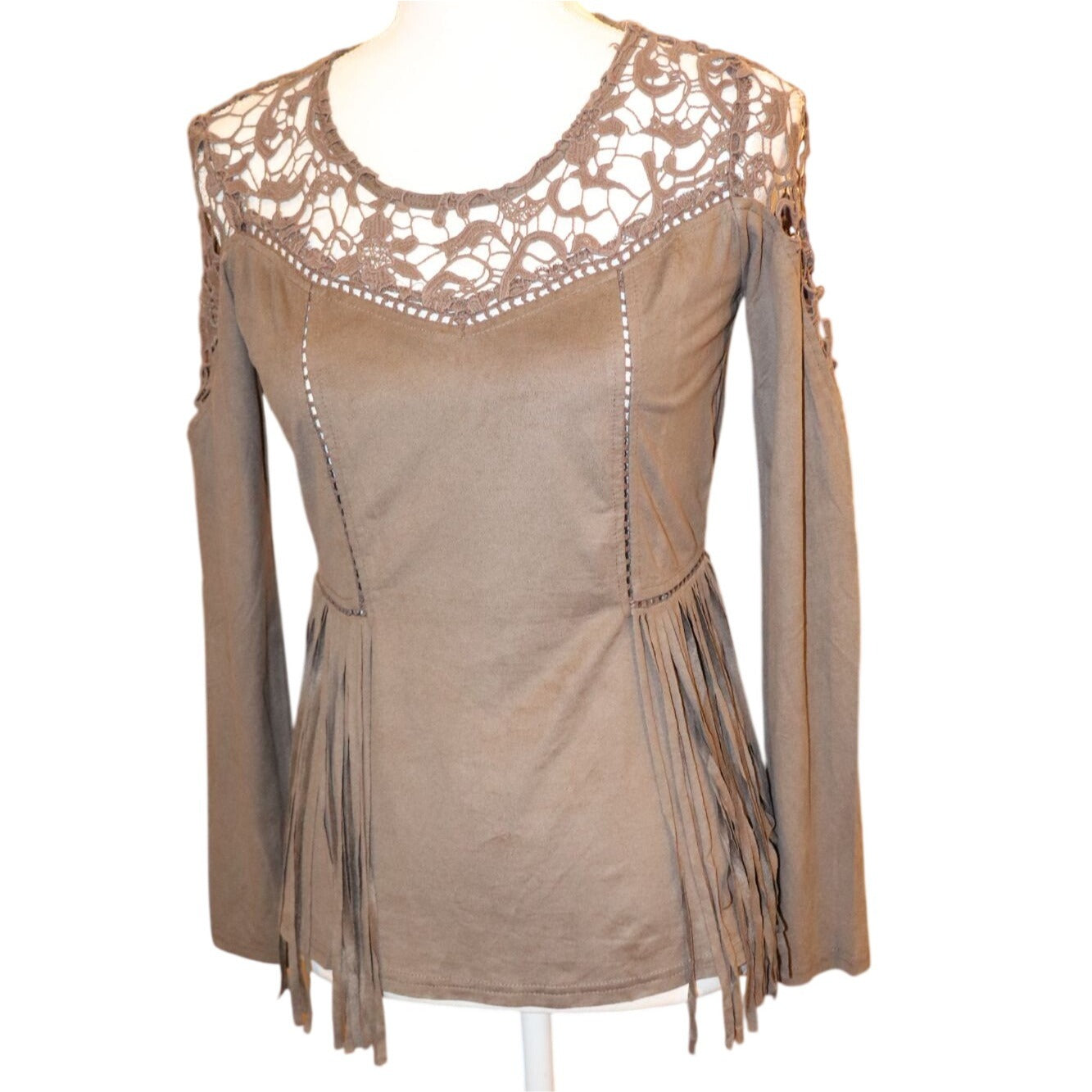 Gimmicks Faux Suede Fringe Top By Size XS (oversized)