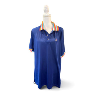 Psycho Bunny Mens Blue Polo Shirt With Rainbow Collar & Cuffs Size XL
