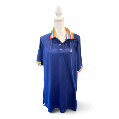 Psycho Bunny Mens Blue Polo Shirt With Rainbow Collar & Cuffs Size XL