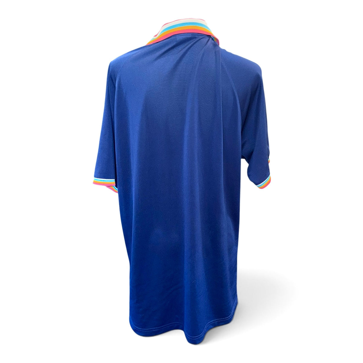 Psycho Bunny Mens Blue Polo Shirt With Rainbow Collar & Cuffs Size XL