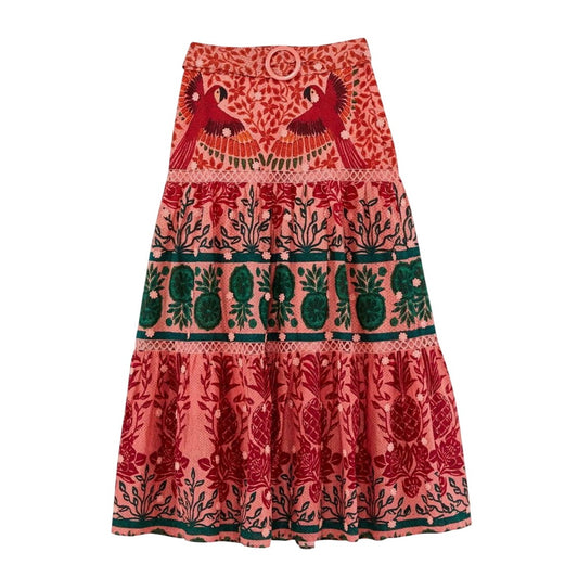 Farm Rio Pink Ainika Print Macaws Maxi Skirt, Large NWT