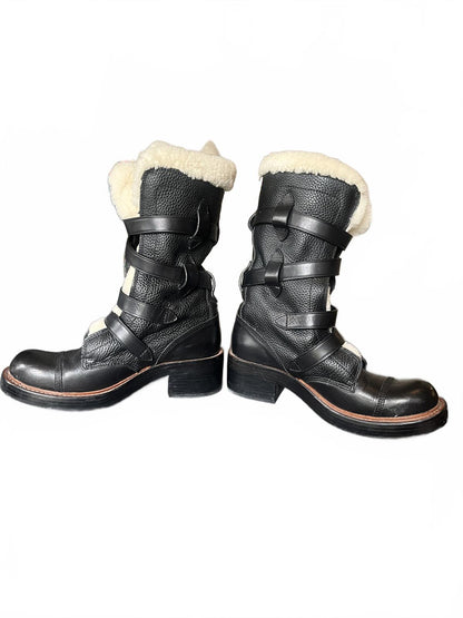 COACH 7.5 Black Leather Women's Motto Boots with Shearling Lining and Buckle Straps