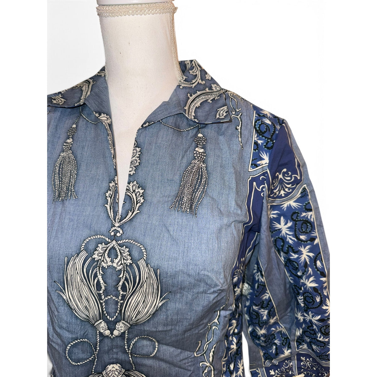 Etro Blue and White Paisley Cotton Tunic Top, Size 42/ US 6