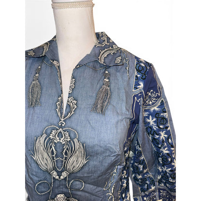 Etro Blue and White Paisley Cotton Tunic Top, Size 42/ US 6