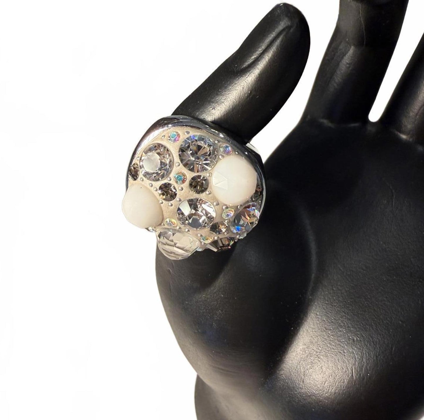 Touchstone New Silver Tone Ring with White and Clear Rhinestones, size 8