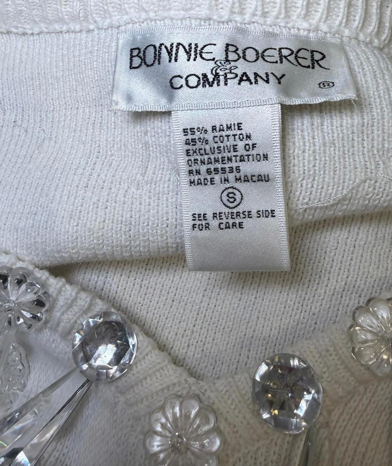Bonnie Boerer Vintage White Knit V Neck Sweater w/ Crystal Ornaments, Small