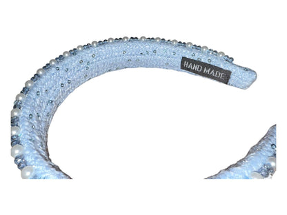 New Designer Inspired Handmade Light Blue Beaded and Pearl Embellished Headband