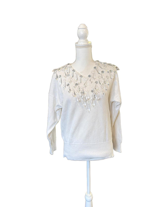 Bonnie Boerer Vintage White Knit V Neck Sweater w/ Crystal Ornaments, Small