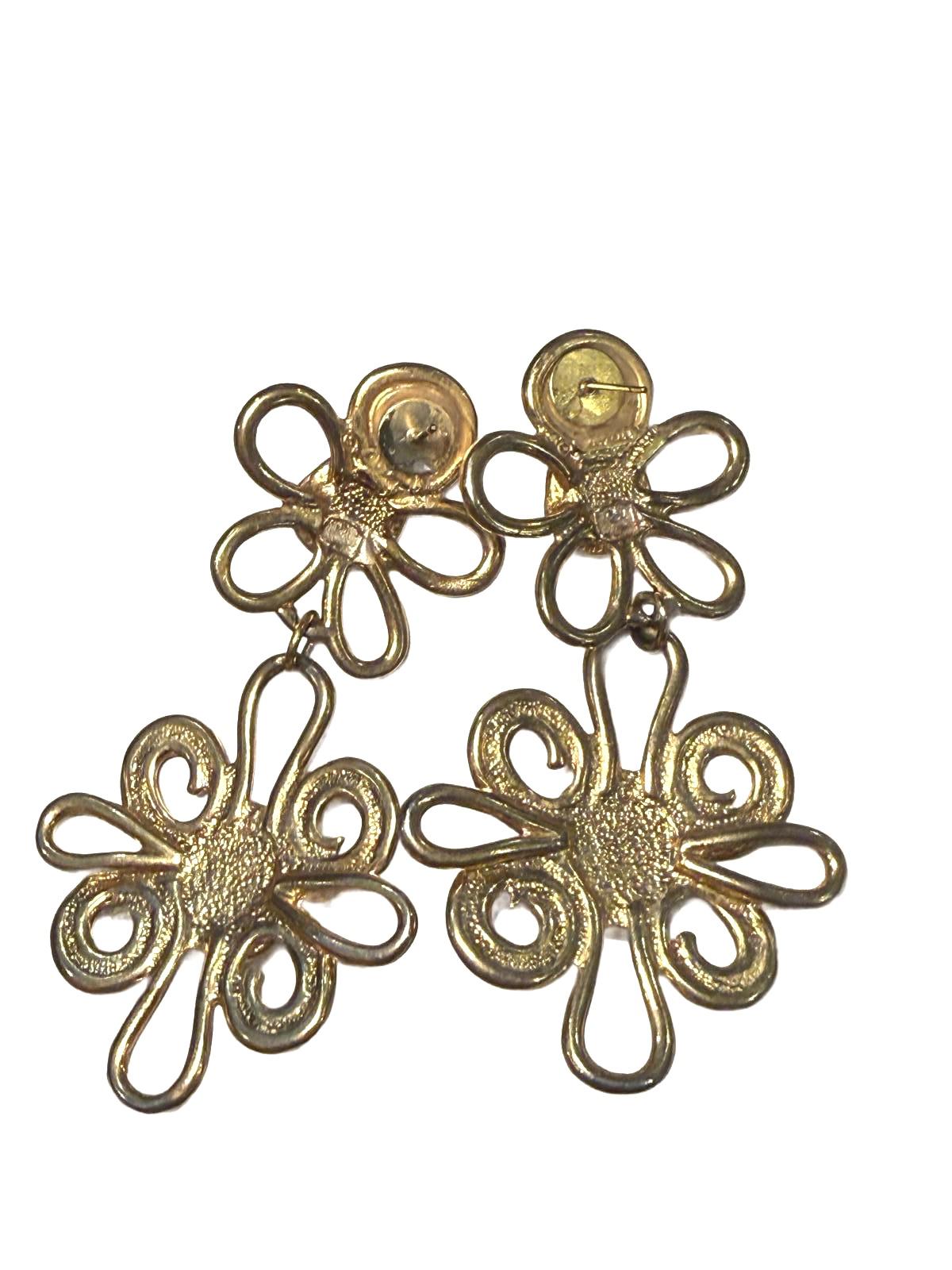 Avon Vintage Gold Tone Flower Dangle Earrings with Pink Rhinestones