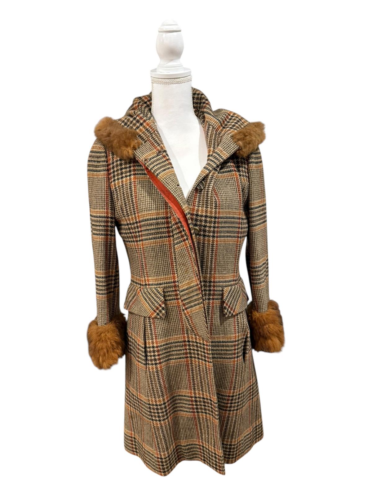 Vintage Pennylane Plaid Wool Coat with Fur Trim, size XS/S