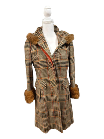 Vintage Pennylane Plaid Wool Coat with Fur Trim, size XS/S