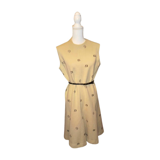 Vintage Sleeveless Tan Dress with Black Belt and Geometric Pattern, Large