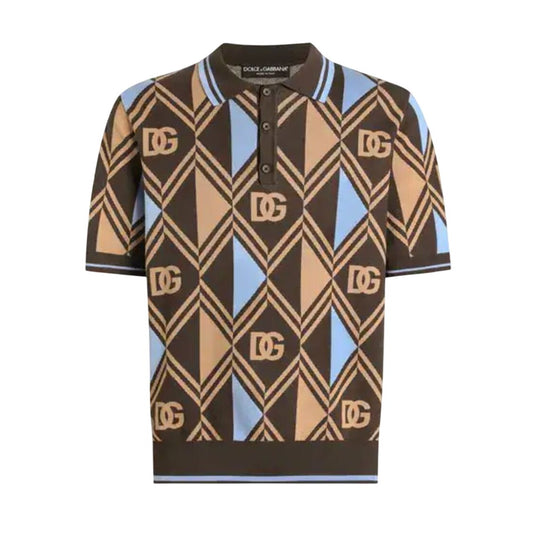 Dolce & Gabbana Brown Jacquard Cotton Pique Mens Polo Shirt, Size 52/US 42 (XL) NWT