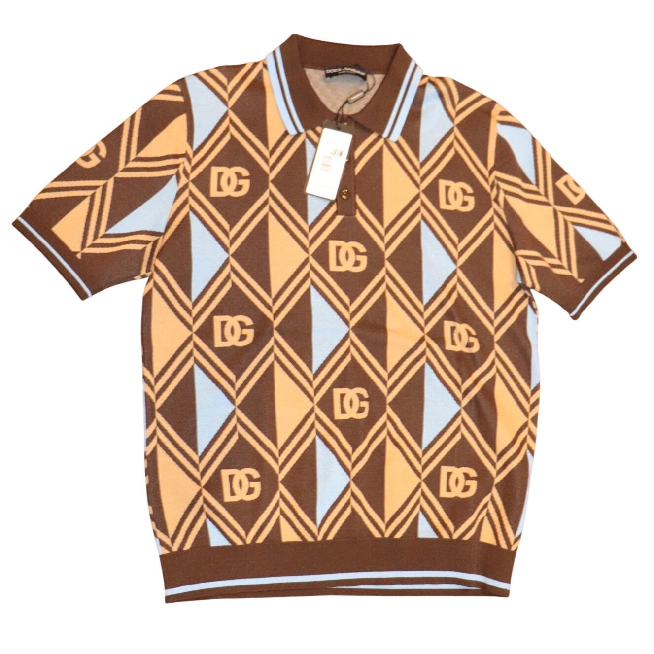 Dolce & Gabbana Brown Jacquard Cotton Pique Mens Polo Shirt, Size 52/US 42 (XL) NWT