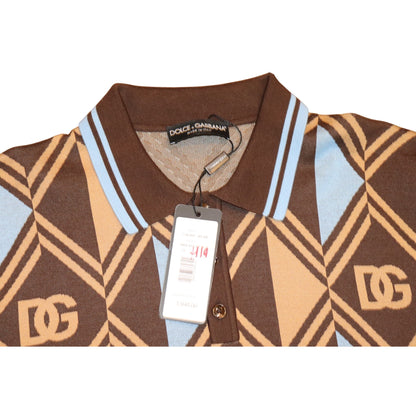 Dolce & Gabbana Brown Jacquard Cotton Pique Mens Polo Shirt, Size 52/US 42 (XL) NWT
