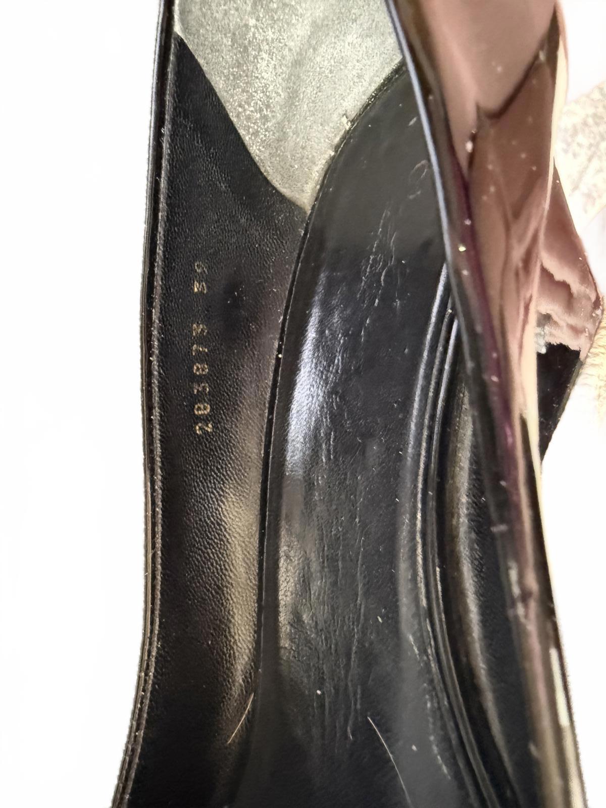 Gucci Black Patent Leather Wedge Heels with Gold Horsebit Detail, EU 39