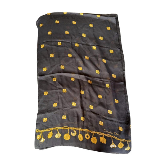 Christian Dior Black and Gold Charm Print Sheer Silk Scarf