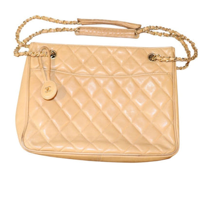 Chanel Quilted Beige Lamb Leather Shoulder Bag With Chain Strap & CC Charm