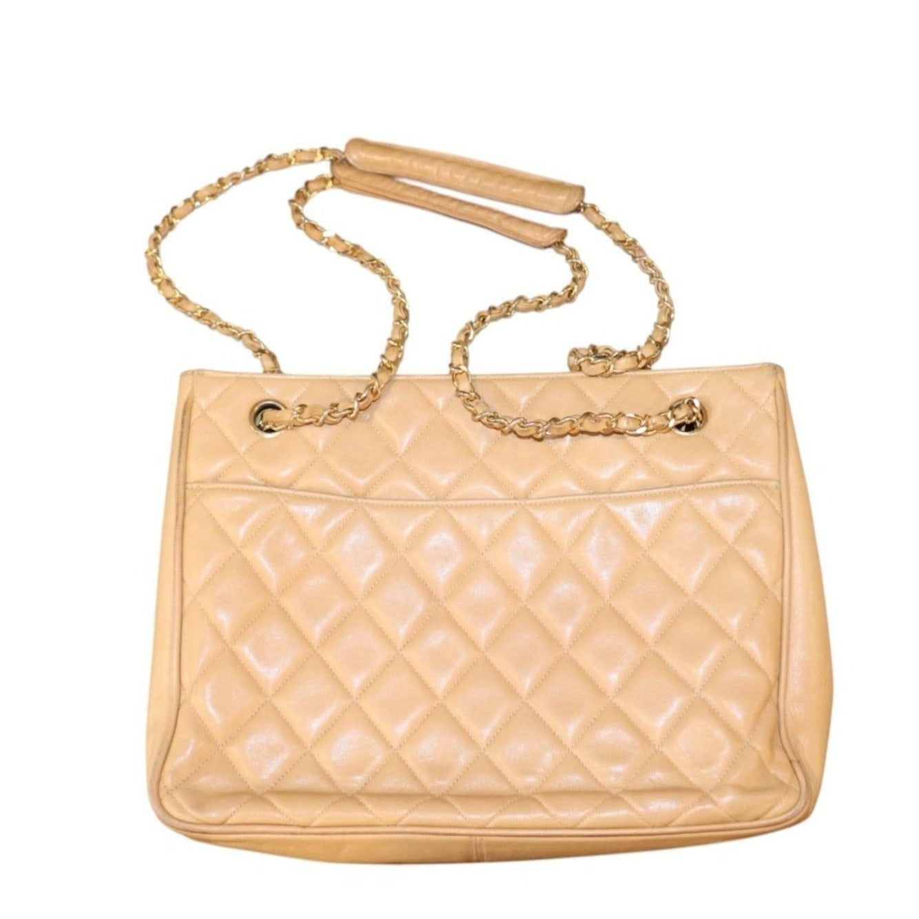 Chanel Quilted Beige Lamb Leather Shoulder Bag With Chain Strap & CC Charm