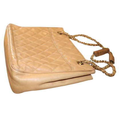 Chanel Quilted Beige Lamb Leather Shoulder Bag With Chain Strap & CC Charm